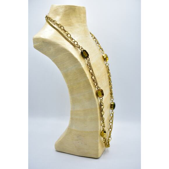 Sparkling Sage Cabochon Station Necklace Crystal Antiqued Gold Tone Chain BinA - Picture 11 of 12